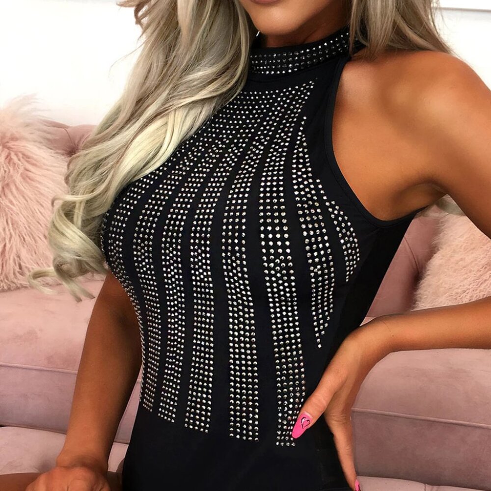 Black High Neck Sleeveless Diamante Bodysuit